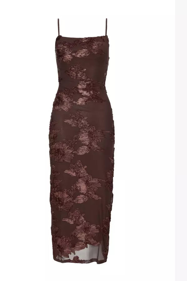 Petite Brown Floral Applique Midaxi Dress