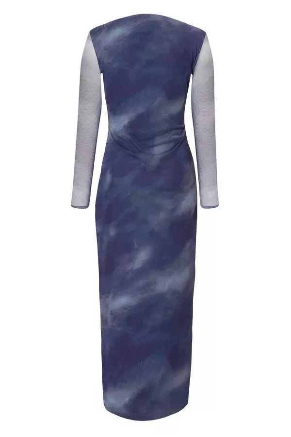 Petite Blue Printed Long Sleeve Midaxi Dress