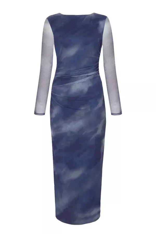 Petite Blue Printed Long Sleeve Midaxi Dress