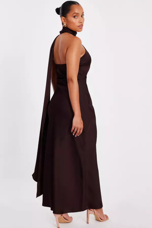 Petite Brown Satin Wrap Neck Maxi Dress