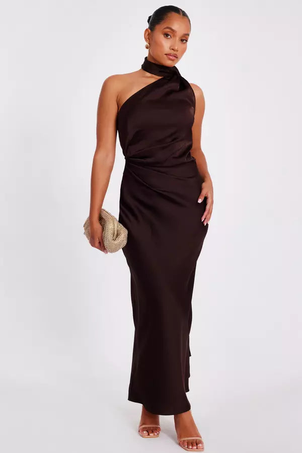 Petite Brown Satin Wrap Neck Maxi Dress