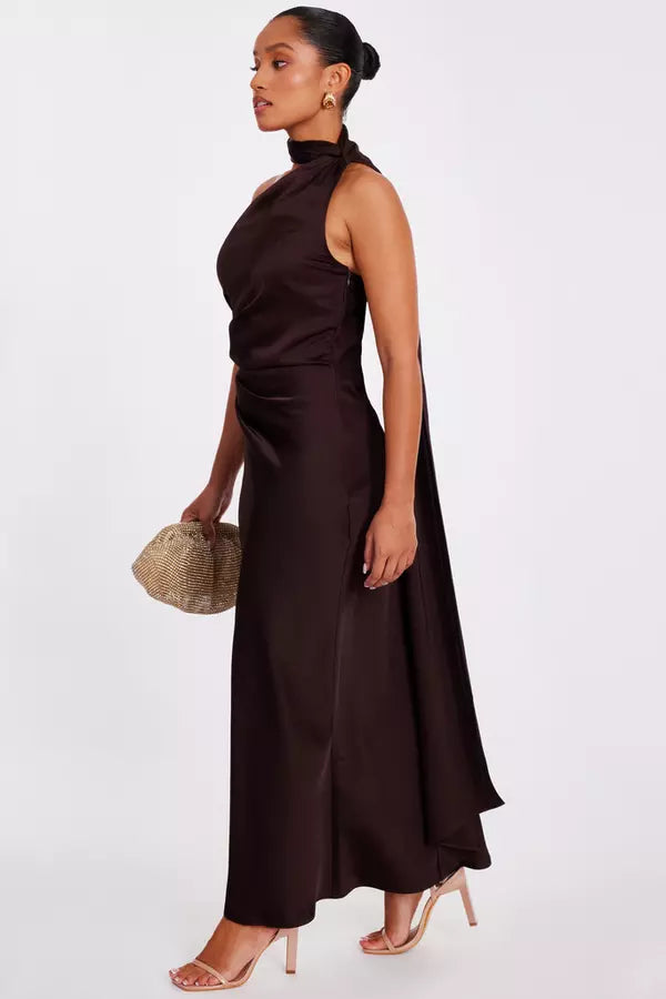 Petite Brown Satin Wrap Neck Maxi Dress