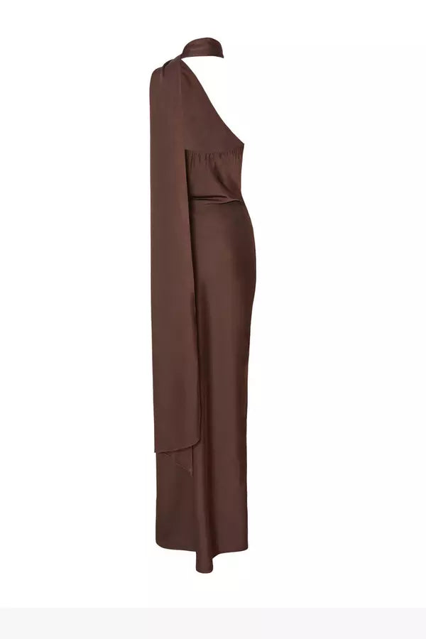 Petite Brown Satin Wrap Neck Maxi Dress