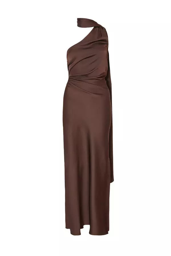 Petite Brown Satin Wrap Neck Maxi Dress