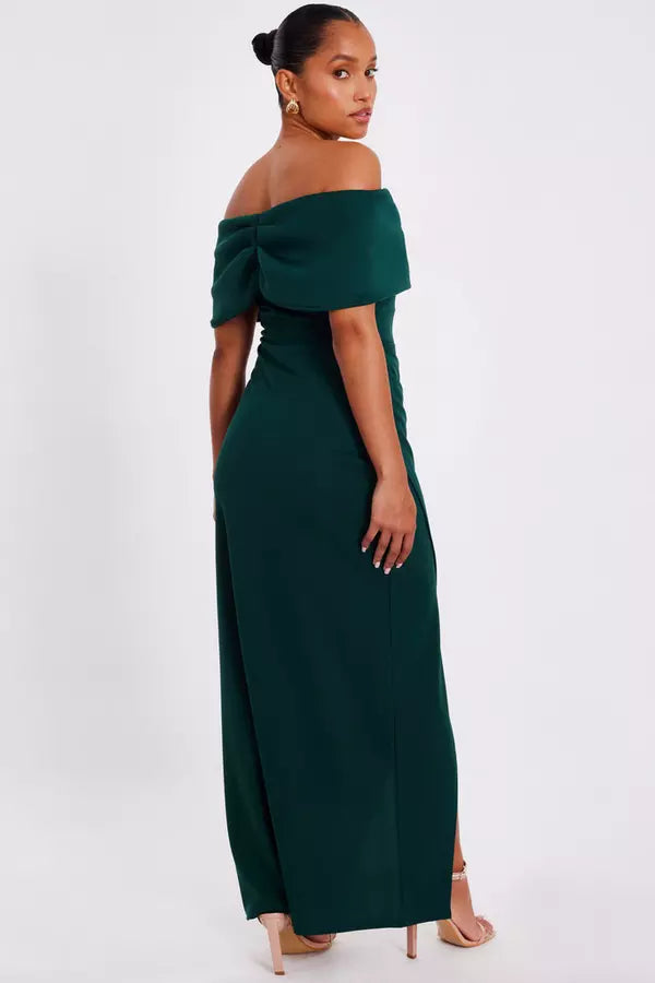 Petite Bottle Green Bardot Wrap Maxi Dress