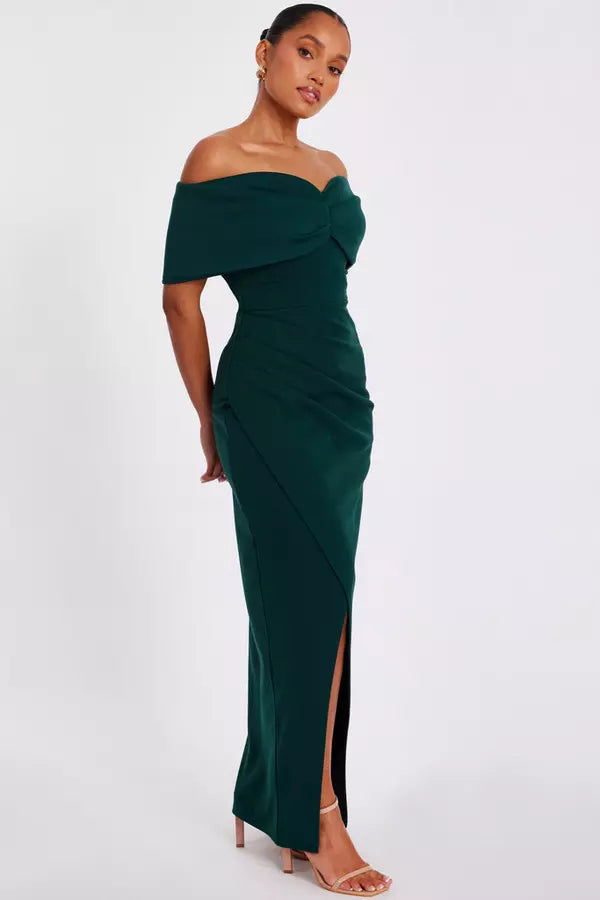 Petite Bottle Green Bardot Wrap Maxi Dress